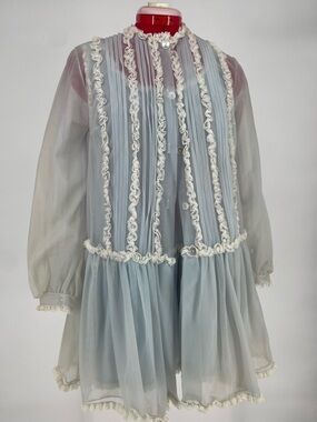 VTG Val Mode Petite Baby Blue Frilly Nylon Peignoir PJ Set Babydoll & Bed Jacket